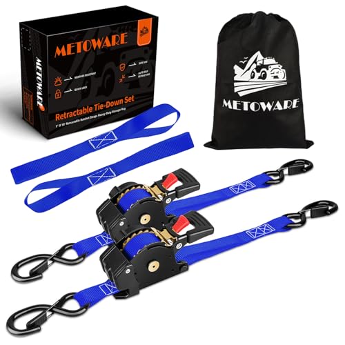 METOWARE Retractable Ratchet Straps (2-Pack) - 1 in x 10 Ft (1500lb Break Strength) - Heavy Duty Auto Self Retracting Tie Down Straps for Truck, Trailer, Cargo Van, Motorcycle - Blue - color: Blue, size: 2-pack