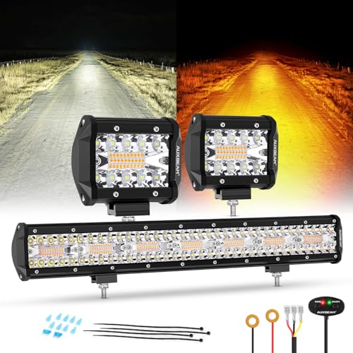 Auxbeam 6 Modes Amber White Series, 4" LED Pods with 20" LED Light Bar Combo Set, Dual Color Strobe Flash/Warning/Signal Spot Flood Combo Auxiliary Offroad Fog Lights, 3 Packs - color: 4" & 20" Combo