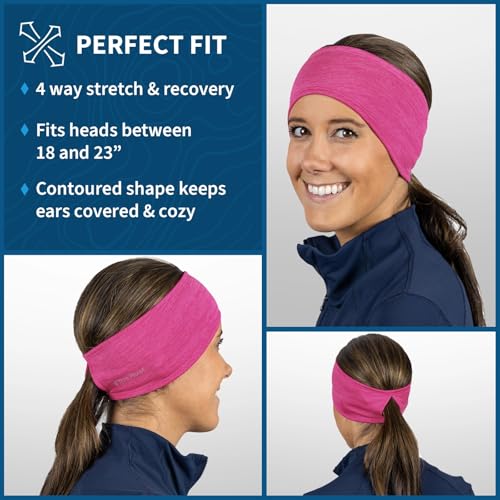 TrailHeads Womens Ponytail Headband - Moisture Wicking Hair Headband for Running, Winter, Workout - Athletic Headband Women - color: heather pink