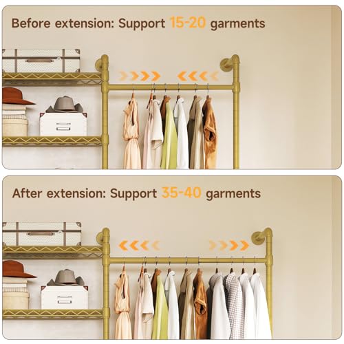 ONBRILL H4 Wall Mounted Closet System, Expandable Industrial Pipe Clothes Rack Clothing Rack for Hanging Clothes, Heavy Duty Closet Organizers and Storage in Wardrobe Closet - Gold - color: Gold