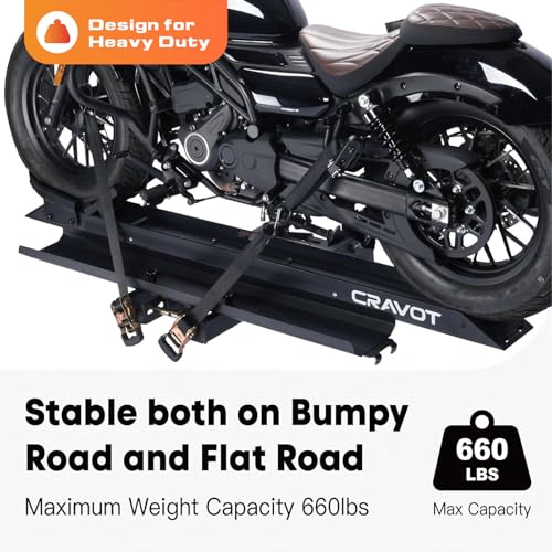 CRAVOT Motorack M1 Max Motorcycle Hitch Carrier with Ramp, 660 lbs Capacity Motorbike Carrier, Foldable Hauler Hitch Mount Rack Anti-Rattle Up to 6-inch Fat Tire 2" Receiver - size: MotorRack M1 Max 660lb