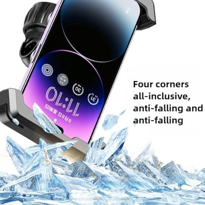 Premium Motorcycle Phone Mount with Anti-Shake Silicone Shock Absorber, 360° Rotation, Four-Corner Protection, One-Click Lock System, Tool-Free Installation for Bikes and Scooters