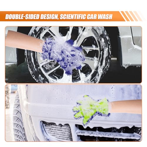 Craedli 2PCS Car Wash Mitts, Anti-Scratch Double Sided 5-Finger Microfiber Car Interior&Exterior Detailing Gloves, Soft Vehicle Chenille Dusting Mitt for Cleaning Wheel Tight Spot (Blue) - color: Blue