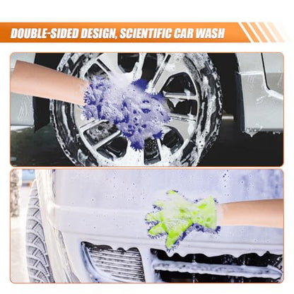 Craedli 2PCS Car Wash Mitts, Anti-Scratch Double Sided 5-Finger Microfiber Car Interior&Exterior Detailing Gloves, Soft Vehicle Chenille Dusting Mitt for Cleaning Wheel Tight Spot (Blue) - color: Blue