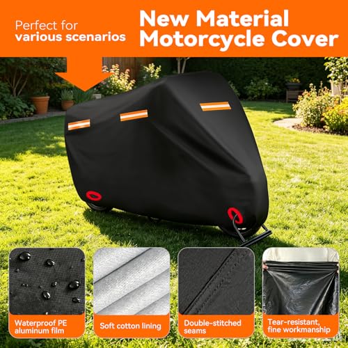 Motorcycle Cover Waterproof PE Aluminum Film Soft Cotton Lining, All-Season Outdoor Protection with Anti-Theft Lock Holes, Windproof Buckle, 5 Reflective Strips, Fits Motorcycles up to 105" - size: 105" x 41" x 50"