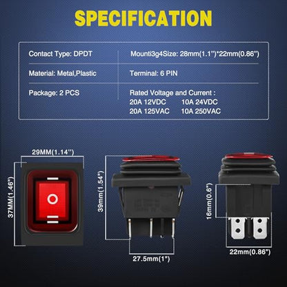 Nilight 6Pin On Off On Rocker Switch 2PCS Red LED Lighted IP67 Waterproof DPDT 3 Position Latching 20A 12VDC 125VAC Motor Toggle for Car Boat Automotive Vehicles - color: On Off On 2PCS