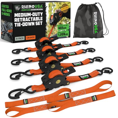 Rhino USA Retractable Ratchet Straps (4-Pack) - 1 Inch x 10 Feet (1,209lb Break Strength) - Auto Self Retracting Tie Down Straps for Truck, Cargo Trailer, Motorcycle, ATV, UTV - Orange - color: Orange, size: 4 Pack