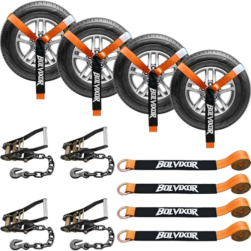 4 Pack Car Tie Down Straps for Trailers - 2" x 96" - 9900LBS Break Strength - Tire Ratchet Straps with Heavy Duty Chain Anchors for Hauling UTV, SUV, Truck, Any Cars - color: Orange