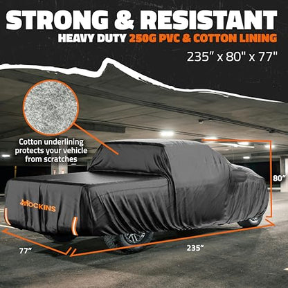 Mockins 235"x80"x77" Pickup Truck Cover Waterproof All Weather Tarp | 250G PVC + HD Cotton Car Covers for Automobiles | Universal Indoor & Outdoor Car Cover for Truck | Ford F-150 Full Exterior Covers - size: Pick Up Truck - Large - 235" x 80" x 77"