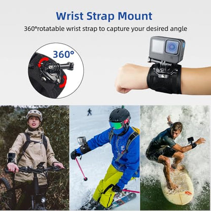 Action Camera Accessories Head Strap + Chest Mount + Wrist Strap Compatible with Gopro Hero 13/12/11/10/9/8/7/6/5/Max, AKASO EK7000/Brave 4/7 LE/V50X, DJI Osmo, VEMONT/WOLFANG/Icefox/Apexcam