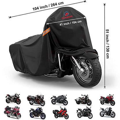 Comnova Motorcycle Cover 104 Inch, 600D Universal Motorcycles Cover Waterproof with Lock-Holes All Season, Large Motorbike Vehicle Scooter Cover for Harley Davidson, Honda, Suzuki, Kawasaki, Yamaha - size: Premium - 104 Inch