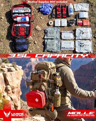 LIVANS Tactical Molle Medical Pouch - Upgraded Size, Large Capacity IFAK Pouch with Detachable Quick Release and Headrest Mount, Includes Flag and Cross Patch - color: Red