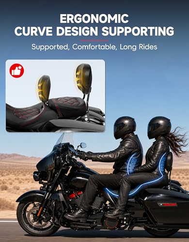 Low-Profile Driver Passenger 2-UP Seat Set Red Stitching Fits for Harley Touring 2009-2023 Road King FLHR Street Glide FLHX Road Glide FLTRX CVO Street Glide FLHXSE Electra Glide FLHTCU - color: Seat Red