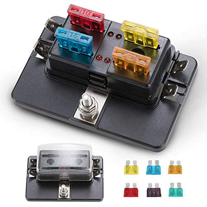 BUNKER INDUST 4-Way Blade Fuse Box with LED Indicator for Blown Fuse,Fuse Block Holder Box with Protection Cover for Car Boat Marine Automotive,Include 12Pcs Blade Fuses - color: 1Pcs 4-Way Blade Fuse Box