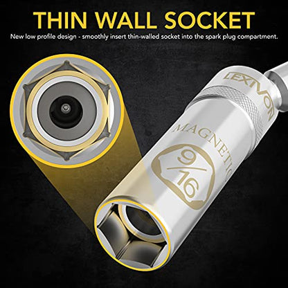 LEXIVON 9/16-Inch Spark Plug Swivel Socket, 3/8" Drive x 6" Total Length | Enhanced Magnetic Design with Thin Wall Socket, Cr-v Steel (LX-SSPS9166) - size: 9/16-Inch x 6-Inch