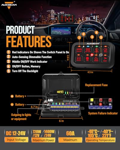 Auxbeam 8 Gang Switch Panel RA80 Toggle Momentary Pulsed RGB Dimmable Multifunction Switch Panel Easy Installation Marine Switch Pod IP65 Waterproof for Car Boat RV, 3 Years Warranty - size: 8 Gang (Single-Sided Output), style: RGB (Without APP)