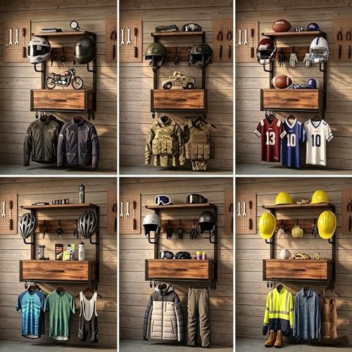 Motorcycle Helmet Holder Wall Mounted with 4 J-hooks& 4 Clip Hooks, Motorcycle Helmet Rack with Drawer for 2 Helmets & Riding Suits, Hanging Protective Gear Shelf for Entryway or Garage