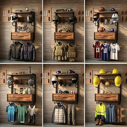Motorcycle Helmet Holder Wall Mounted with 4 J-hooks& 4 Clip Hooks, Motorcycle Helmet Rack with Drawer for 2 Helmets & Riding Suits, Hanging Protective Gear Shelf for Entryway or Garage