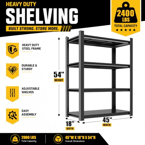 Metal Garage Shelving 4 Tier, Heavy Duty Garage Storage Shelves, Adjustable Steel Shelving Unit, Wide Metal Storage Rack for Garage Warehouse, Black, 45" W x 18" D x 54" H - size: 4TIER-45"W X 18"D X 54"H