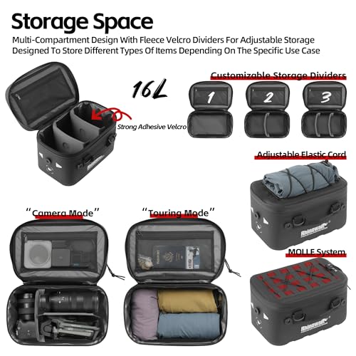 Rhinowalk 36L Waterproof Motorcycle Tail Bag Combo - Hard Shell Top Case with 22L Shockproof Camera Insert for DSLR/Drone Gear - Modular Photography & Travel Luggage (16L Tail Bag)