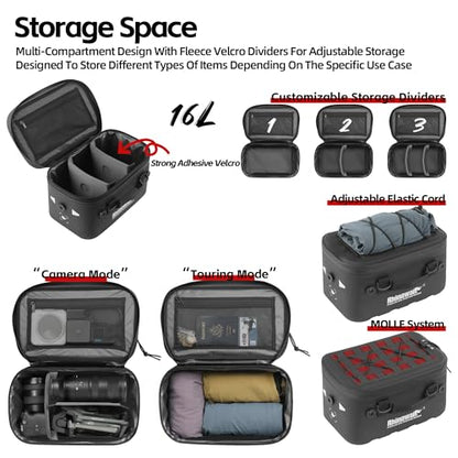 Rhinowalk 36L Waterproof Motorcycle Tail Bag Combo - Hard Shell Top Case with 22L Shockproof Camera Insert for DSLR/Drone Gear - Modular Photography & Travel Luggage (16L Tail Bag)