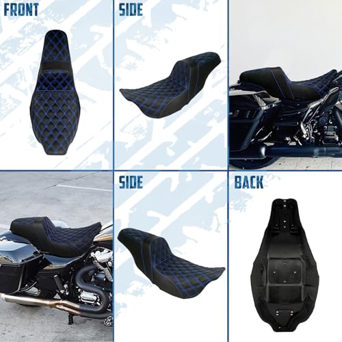 One-Piece Driver Passenger Seat Motorcycle 2-up Seat Fit for Harley Touring Electra Glide Road King Road Glide Street Glide 2009-2023 (Blue Stitching) - color: Blue Stitching Without Backrest