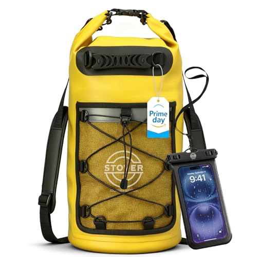 STOVER 5/10/25/30/40/55L Waterproof Dry Bag- Roll-Top Backpack w/Phone Case- Kayaking, Hiking, Camping, Boating- Men/Women - color: 25l Yellow (With Phone Case), size: 25L