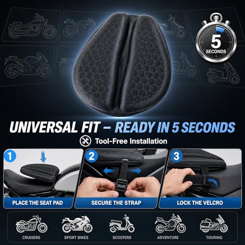 Hexrider Motorcycle Seat Cushion with Cover, 3D Honeycomb Cooling Gel Pad for Long Rides, Universal Non-Slip Shock Absorbing Seat Cover for Motorcycle Accessories, Foldable Breathable Cushion.