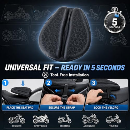 Hexrider Motorcycle Seat Cushion with Cover, 3D Honeycomb Cooling Gel Pad for Long Rides, Universal Non-Slip Shock Absorbing Seat Cover for Motorcycle Accessories, Foldable Breathable Cushion.