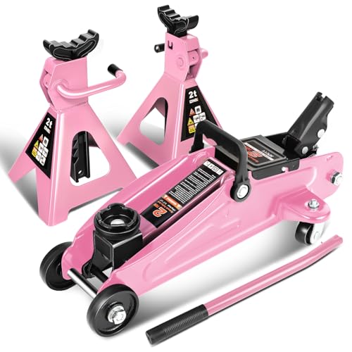 DNA Motoring 2 Ton Car Jack and Stands Kit 2T(4000 lbs) Capacity Low Profile Hydraulic Trolley Service/Floor Jack with 2 Ratchet Stands Combo for Home Garage Shop, Pink, TOOLS-00476-PK - color: Pink