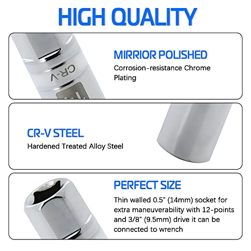 14mm Thin Wall Magnetic Spark Plug Socket 3/8 Inch Drive 12-Point Spark Plug Socket Compatible with Motorcycle, Car, SUV, BMW, Nissan, Mini, Mercedes - size: 14mm