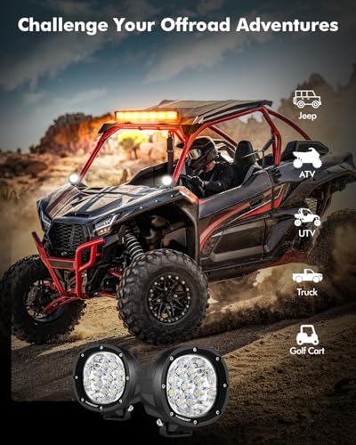 Auxbeam P4 Series Dual Color Round Strobe Light Pods 4-Inch 90W | Memory function flashing offroad lights, amber white 6-mode fog lights, automotive warning spot light bar - color: P4 Series Amber White 6 Modes Lights