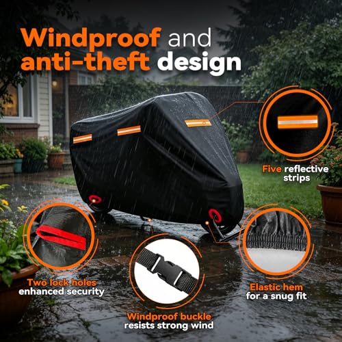 Motorcycle Cover Waterproof PE Aluminum Film Soft Cotton Lining, All-Season Outdoor Protection with Anti-Theft Lock Holes, Windproof Buckle, 5 Reflective Strips, Fits Motorcycles up to 105" - size: 105" x 41" x 50"