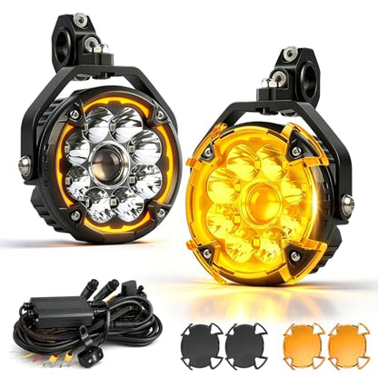 BraveWAY 5 Inch Motorcycle Fog Lights 150W White/Yellow LED Auxiliary Lights with Amber DRL Strobe Flash Hi/lo Beam Combo LED Driving Spotlights for Motorcycle ATV UTV Night Riding ADV Touring - size: 5INCH-9-W