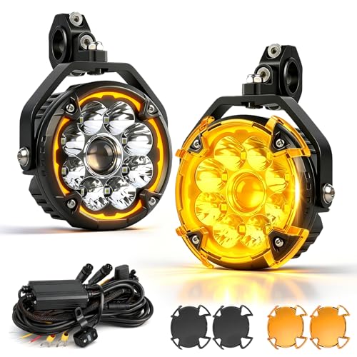 BraveWAY 5 Inch Motorcycle Fog Lights 150W White/Yellow LED Auxiliary Lights with Amber DRL Strobe Flash Hi/lo Beam Combo LED Driving Spotlights for Motorcycle ATV UTV Night Riding ADV Touring - size: 5INCH-9-W