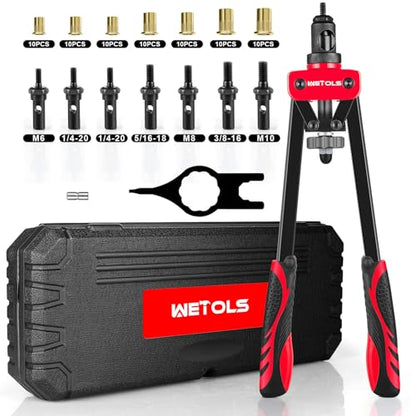 WETOLS Rivet Nut Tool Kit, 14-Inch Rivnut Tool with 7 Metric and SAE Mandrels, Professional Hand Riveter with 70Pcs Rivnuts Assortment Kit, Manual Rivet Nut Gun with Rugged BMC Case - size: 14" rivet nut tool with 7 mandrels
