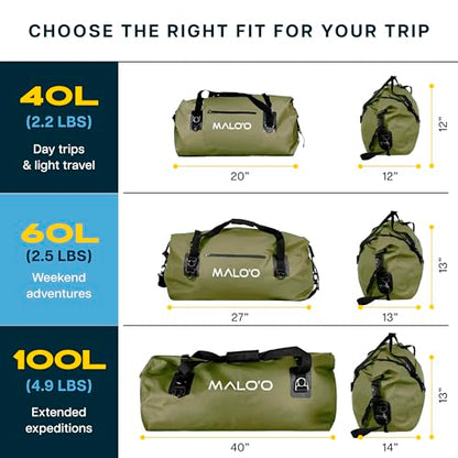 Malo’o Waterproof Dry Duffel, Heavy-Duty Roll Top Waterproof Gear Bag with Shoulder Strap & Molle Loops, Marine Duffel for Kayaking, Boating, Camping, Beach & Travel, Dark Green, 60L - color: Dark Green, size: 60L