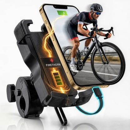 FIRETHORN Bike Phone Holder with Built in Rechargable Battery 5000 mAh - Motorcycle Mount, Handlebar Cell Phone Clamp, Scooter Clip, 4.7 to 6.8" Phone Types - iPhone 17, 16, 15 Plus, S20, Smartphones