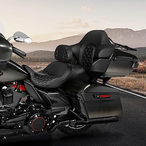 CC RIDER Gel Seat Driver Passenger Seat and Driver+ Tour Trunk Backrests Fit For Harley Touring 2014-2023 Street Glide Road Glide Road King Electra Glide,Black Hexagon - color: 23# Gel Black+ 2 Backrests