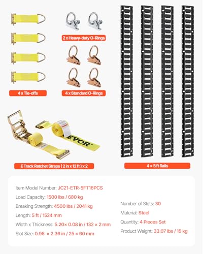 VEVOR E-Track Tie-Down Rail Kit, 5' E Tracks Set, 16Pcs Includes 4 Steel Rails & 2 Single Slots & 6 O-Rings & 4 Tie-Offs w/D-Ring & 2 Ratchet Straps, Cargo Motorcycles Bikes Securing Accessories