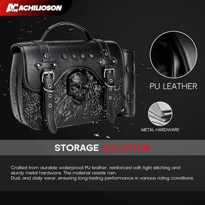 14L Motorcycle Tool Bag 3D Skull Embossed PU Leather Saddlebag with Handlebar Roll Bag, Universal Waterproof Black Motorcycle Side Bags Storage Pouch for Most Motorcycles - style: Skull Pattern Bag Featuring Side Roll-up Pocket