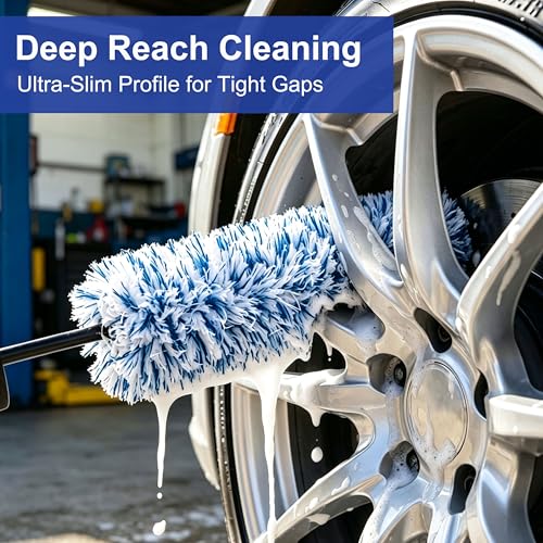 2026 Upgraded Long Handle Wheel Brush, Microfiber Non-Scratch Car Detailing Tool, Soft Bristle Deep Cleaning for Rims, Tires & Wheel Wells, Ergonomic Grip for Easy Wash (1 Pcs, Medium size)