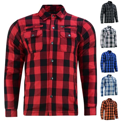 Daniel Smart Men's Motorcycle Shirt Plaid Biker Flannel Jacket Removable Sporty Armored, Zipper Closure & Water Resistant - color: Red, size: Medium