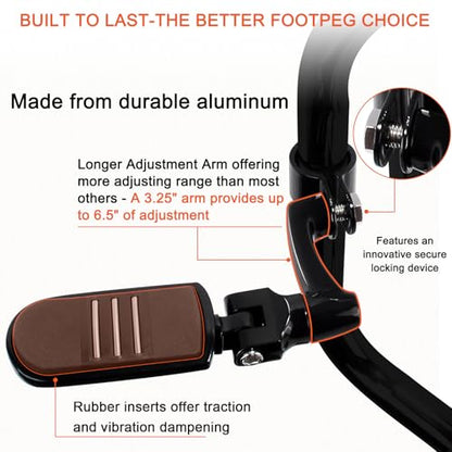 FOVPLUE 1.25" /32mm Highway Foot Pegs w/360° Adjustable Long Mounts Universal for Harley Touring Street Glide/Road Glide/Electric Glide/Road King Indian Motorcycle w/1-1/4" Crash Bar,BLACK#11