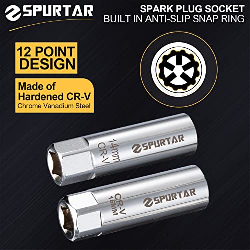 Spurtar 14mm 16mm Spark Plug Socket Set Thin Wall 12-Point 3/8-Inch Drive Spark Plug Tool Set for Auto, Fits BMW Peugeot Benz Nissan Cars Motorcycle SUV ATV with Spring Clips 2pcs CRV Steel Tool - size: 14mm & 16mm Set
