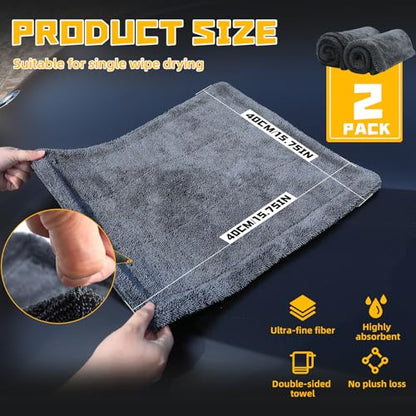 2-Pack Double-Twist Pile Microfiber Towels for Cars 1300 GSM Car Drying Towels (15.75" x 15.75") Ultra Absorbent Microfiber Towel, Streak-Free & Scratch-Free Car Cleaning Supplies with Edgeless Design - size: 15.75 x 15.75 INCH