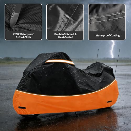 Heavy Duty Waterproof Motorcycle Cover with Side & Top Box Reflective Strips for Harley Ultra Limited Ultra Classic Road Glide Electra Glide, 110" L x 43" W x 55" H,Black & Orange - size: Side+Top Box