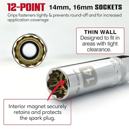 CROM Magnetic Spark Plug Socket Set - 5 Piece 3/8" Drive Spark Plug Removal Tool, Includes 14mm and 16mm Thin Wall Sockets, 9/16 inch, 5/8 inch and 13/16 inch Sockets, Aluminum Storage Rail Included - size: 5 Piece Magnetic Set
