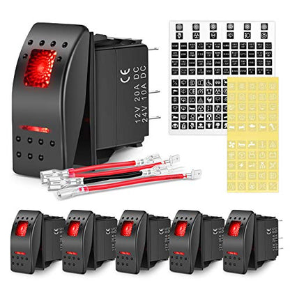 Nilight 6 Pack Rocker Switches with Night Glow Stickers 5 PIN SPST Red Backlit 12V/24V Toggle for Cars Trucks RVs Boats Auto Motorcycles - color: Red 6 PCS