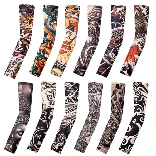 Tattoo Sleeves for Men Women Sun Protection UV Compression Arm Sleeves Breathable Skin Cover for Outdoor Sports - color: 011-12pc